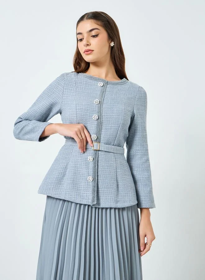 Styli  Women Blue Tweed Midi Dress with Belt for Women | Best Price UAE